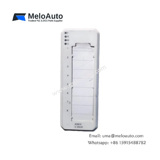 The ABB AO810 3BSE008522R1 Analog Output Module features 8 channels with 20 mA DC output and 14-bit resolution, ideal for process control systems.