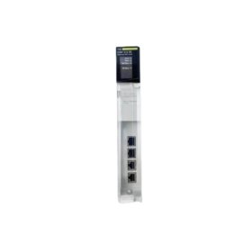 The Schneider 140CRP31200 is a compact RIO head module with 4 Ethernet ports, ModBus TP, and Ethernet IP support, designed for industrial use.