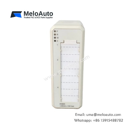 The ABB AO820 3BSE008546R1 analog output module provides 4 channels with configurable output types, ideal for process control in industrial automation systems.