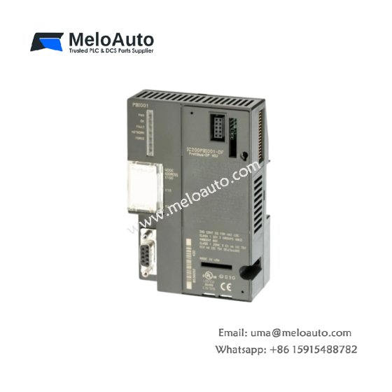 The GE IC200PBI001-DF Profibus DP module features high-speed communication (12 Mbps), easy DIN rail mounting, and reliable 24 VDC power for automation systems.