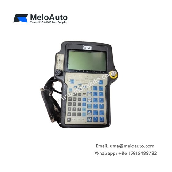 GE A05B-2301-C370 teach pendant. 5.7 inch LCD, 52 keys, 3-axis joystick, emergency stop, enabling switch, for industrial robot programming.