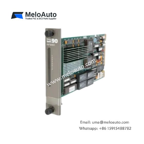 ABB Bailey INFBA01 Fieldbus interface module with PROFIBUS DP slave, 12 Mbps support, 19.6J storage, and 0.44kg weight for DIN rail.