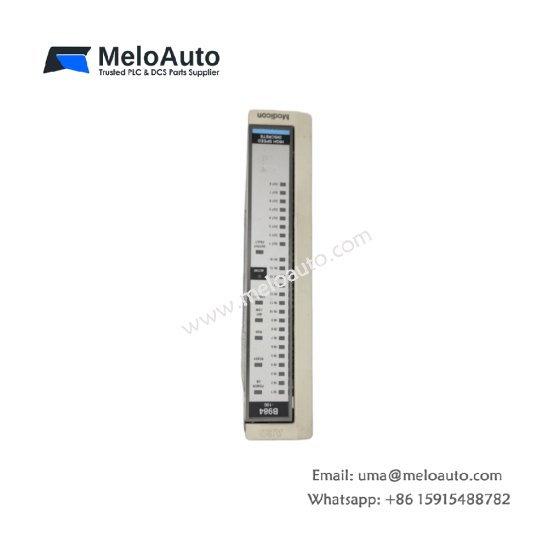 Schneider ASB984100 high speed discrete I/O module for Modicon 984. 0.5ms input/0.3ms output, 8 in/8 out, 24VDC, 0.38kg.