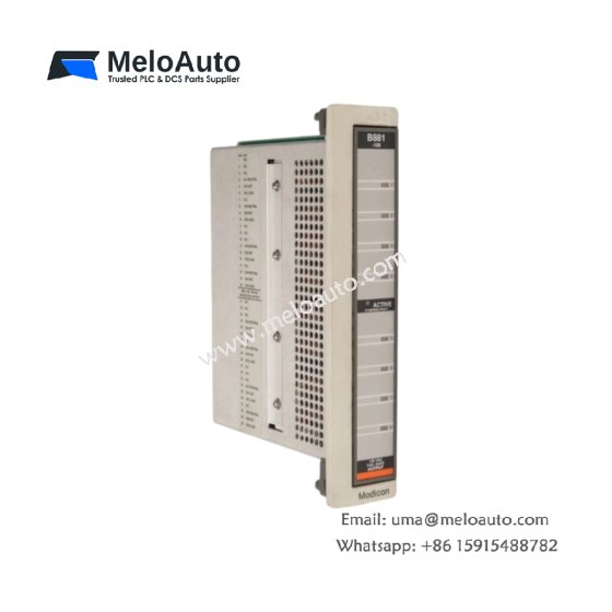 Schneider ASB881108 800-Series I/O module. 16 discrete inputs and 16 outputs, 24V DC, 0.5A per output, short-circuit protection, DIN rail
