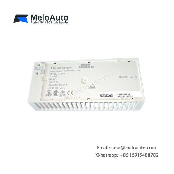 Schneider 171CCC76010 M1/M1E processor adaptor specs. 0.31 kg, RS-232 interface, 24V DC. No onboard energy storage.