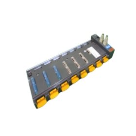 Fuji NP1BS-08S base board with 8 expansion slots. 240mm width, 0.65kg weight, 16‑pin spring clamp connectors.