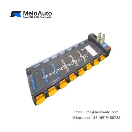 Fuji NP1BS-08S base board with 8 expansion slots. 240mm width, 0.65kg weight, 16‑pin spring clamp connectors.