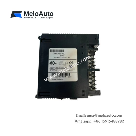 GE IC693MDL740J DC output module for Series 90-30 PLC. 12 independent 24V DC outputs. 1.0A per channel. Thermal shutdown protection