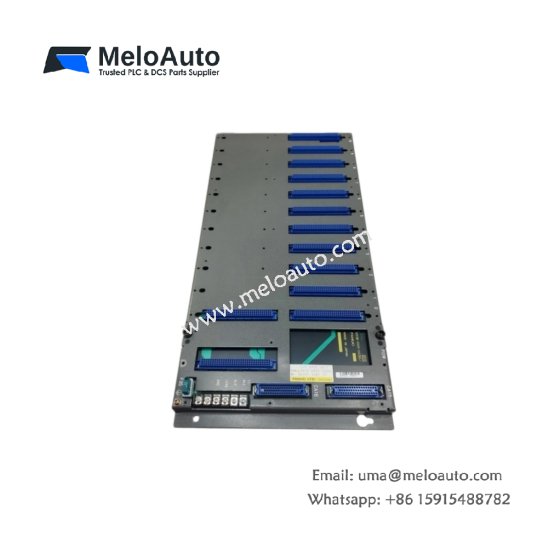 GE A03B-0801-C009 I/O base unit for CNC systems. 8 module slots, automatic addressing, keyed connectors, 5V and 24V distribution