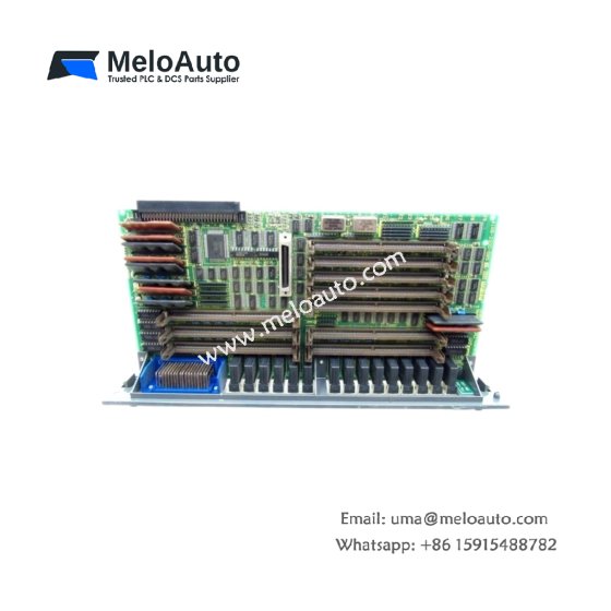 GE A16B-2200-0853 PLC control board for CNC systems. 16-bit CPU at 20MHz, 48 digital inputs, 32 outputs, 8 analog inputs, 512KB RAM.