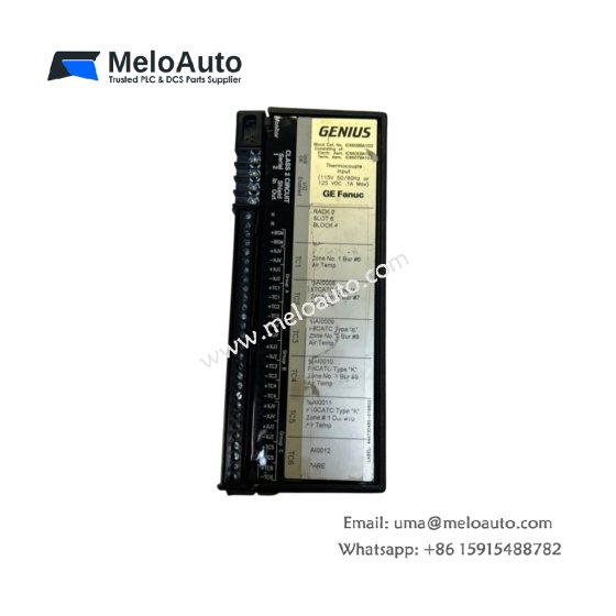 GE IC660BBA103 thermocouple input block for Genius I/O. 6 channels for J/K/T/E/R/S types, 16-bit resolution, ±0.1% accuracy