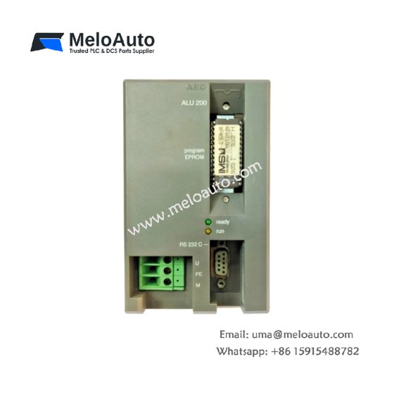 ALU 200 CPU. 20MHz processor, 128KB program memory, 64KB data memory, 0.8ms scan time, 0.52kg. For compact machine control.