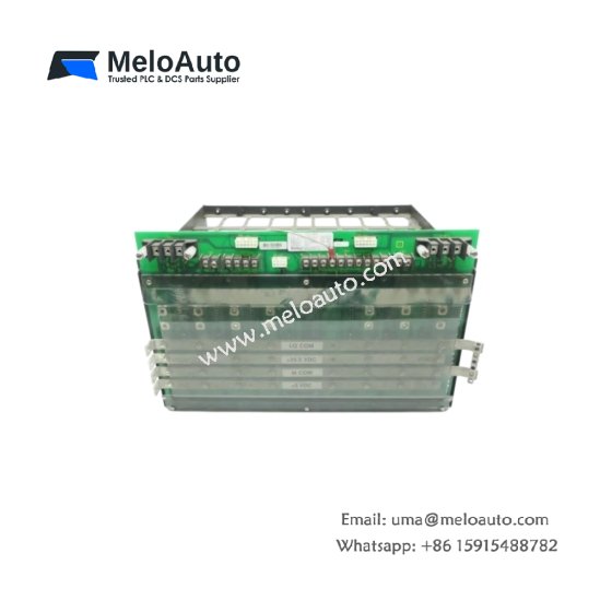 ABB Bailey IPCHS01 power module chassis board for INFI 90 systems. 5V/15V/-15V distribution, 8 slots, fuse-protected.