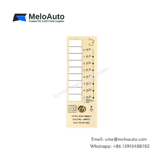 Siemens 6ES5433-8MA11 digital 8 input module. 8 channels, 24V DC, 1500V isolation, 156 components, 470µF storage, 0.82kg. For SIMATIC S5.