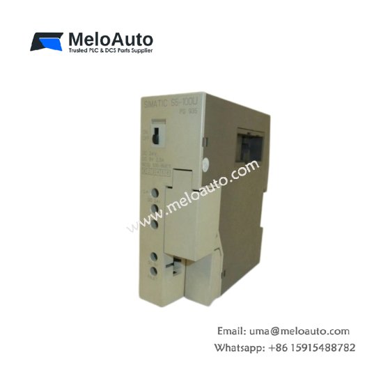 Siemens 6ES5935-8ME11 power supply for SIMATIC S5. 120/230V AC input, 24V DC 5A output, 60ms hold-up, short-circuit protection.