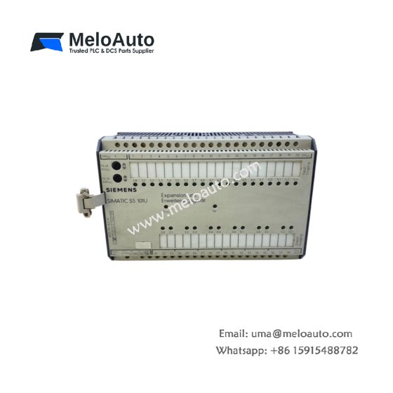 Siemens 6ES5101-8UC11 expansion unit with 8 backplane slots and integrated 15W power supply. 120/230V AC input for S5 PLC systems.