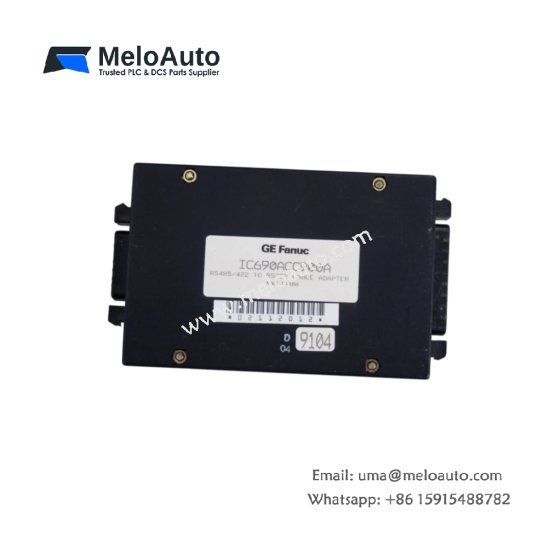 GE IC690ACC900A cable adapter for VersaMax CPU programming. RS-232, 9-pin female to 15-pin male, 220µF filtering, 24 components, 200mm length.