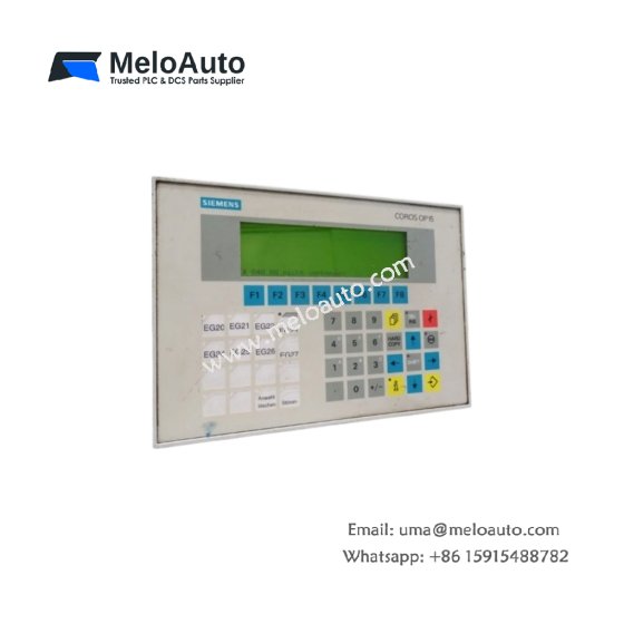 Siemens 6AV3515-1MA32 operator panel for SIMATIC OP15. 4-line LCD display, 28 membrane keys, 128KB flash memory. RS232/RS422 ports