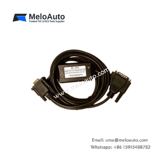 Siemens 6ES5734-0BD20 programming cable for SIMATIC S5 with 15-pin to 9-pin D-sub connectors. Features 3-meter length and dual shielding for reliable RS-232 communication.