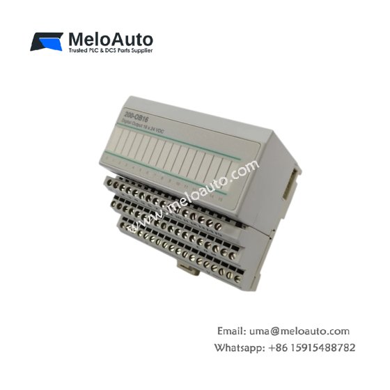 ABB 200-OB16 digital output module. Features 16 channels, 0.5A per channel, 56mm width, 0.11kg weight, 1500V isolation