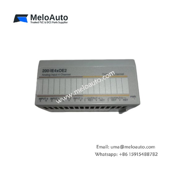 ABB 200-IE4xOE2 analog combo unit for AC500 PLCs. 4 configurable inputs (14-bit), 2 outputs (12-bit), 0-20mA, 4-20mA, 0-10V. ±0.2% accuracy