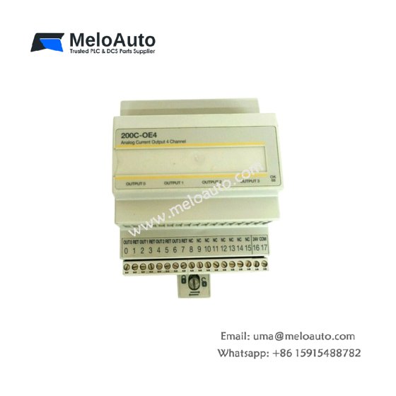 ABB 200C-OE4 analog output module. Features 4 channels, 4-20mA range, 12-bit resolution, 0.13kg weight, 1ms update time, and ±0.1% accuracy.