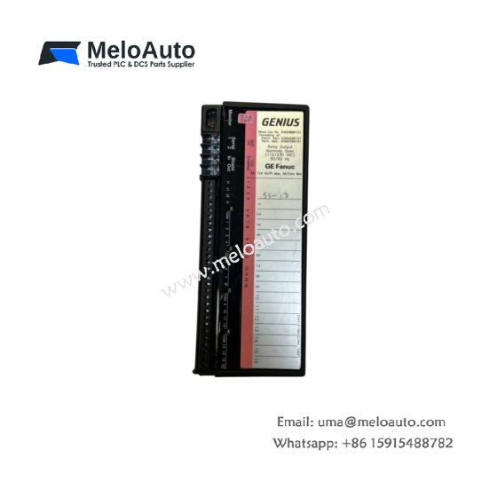 GE IC660BBR101 relay output block for Genius I/O systems. 8 form C relay outputs, 3A at 250V AC, weight 1.1kg, size 210x160x55mm