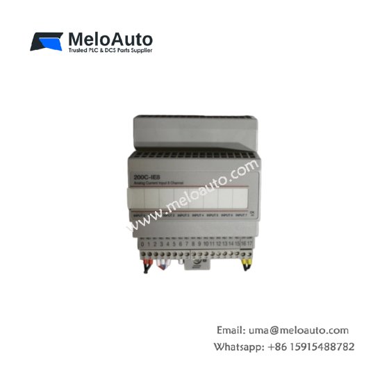 ABB 200C-IE8 analog module for AC500 PLCs. 8 configurable inputs (0-20mA, 4-20mA, 0-10V), 12-bit resolution, ±0.2% accuracy