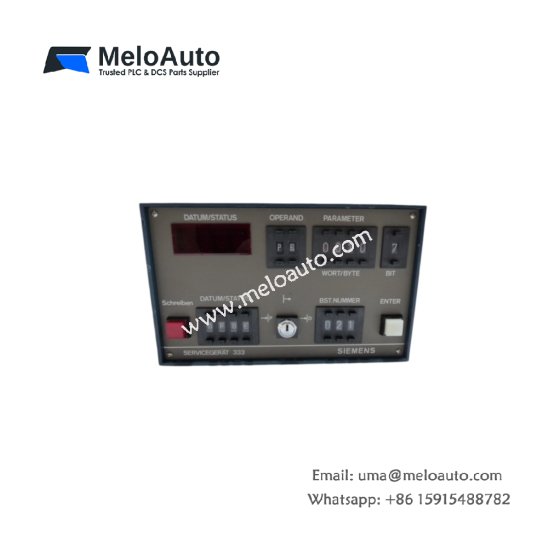 Siemens 6ES5333-0AC service monitor for SIMATIC S5 racks. 8 LED status indicators, backplane signal monitoring, 50mA power draw.