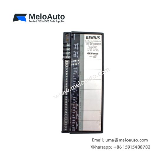 GE IC660EBA106 Genius I/O analog output block. 8 isolated channels, 4-20mA or 0-10V, 12-bit resolution, 3300µF energy storage. 145 components.