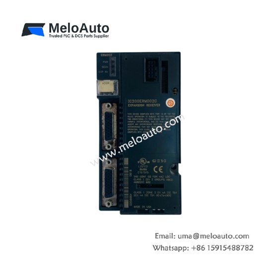 GE IC200ERM002C VersaMax expansion receiver. RS-485 serial link, 200m cable distance, 3300µF filtering, 108 components, 24V DC operation.