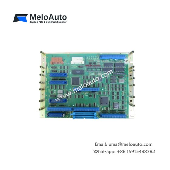 GE A20B-2000-0175 motherboard for CNC systems. 8-layer PCB, 7 expansion slots, 1800 µF capacitance, 24V DC input, 96-pin DIN connectors.