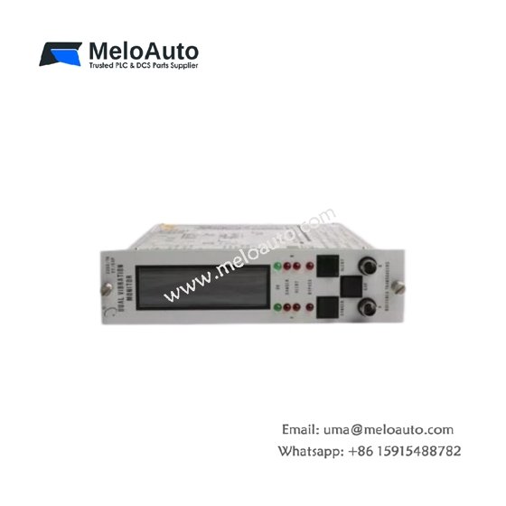Bently Nevada 3300/16 dual vibration monitor. 2 channels, 0-15 mils range, LCD, 2.0W. For turbine and compressor vibration protection.