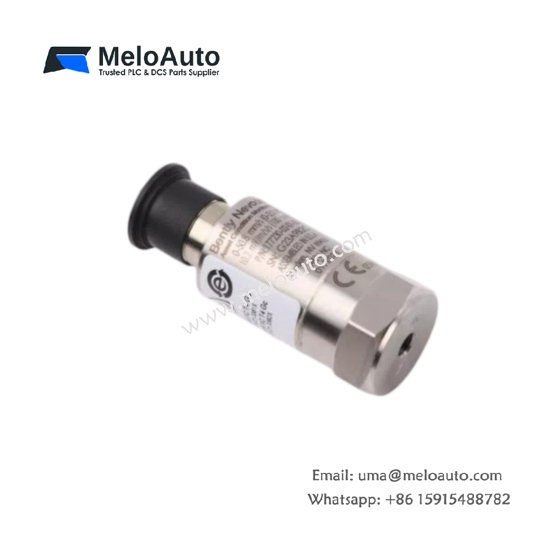 Bently Nevada 177230-02-01-05 seismic transmitter. 4-20mA output, 0-25 mm/s velocity range, IP67, -30 to 100°C. Loop-powered for turbines