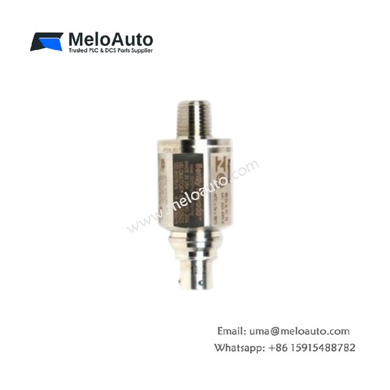 Bently Nevada 330525-00: Velomitor XA piezo-velocity sensor, 3.94 mV/mm/s sensitivity, 4.5 Hz–1 kHz range, stainless steel housing.