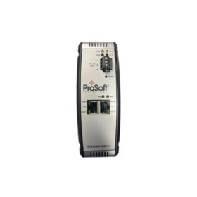 ProSoft PLX32-EIP-MBTCP gateway: EtherNet/IP to Modbus TCP conversion, dual Ethernet ports, DIN rail mount, 90×140×115 mm, 0.8 kg.
