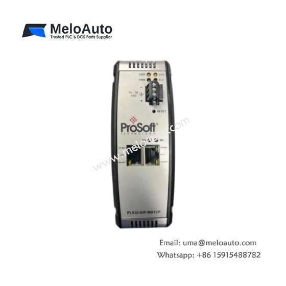 ProSoft PLX32-EIP-MBTCP gateway: EtherNet/IP to Modbus TCP conversion, dual Ethernet ports, DIN rail mount, 90×140×115 mm, 0.8 kg.