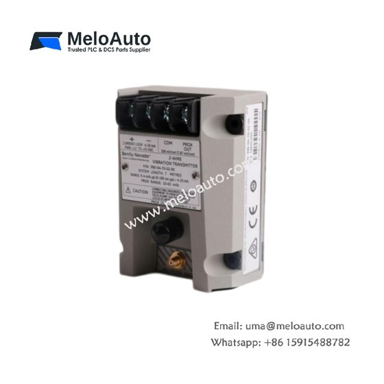 Bently Nevada 990-04-50-02-00 2-wire vibration transmitter: 4–20 mA output, 0–25 mm/s range, 316 SS housing, API 670 compliant.