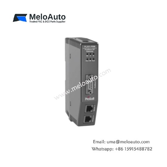 ProSoft PLX51-PBM gateway: PROFIBUS DP to EtherNet/IP conversion, dual Ethernet ports, DIN rail mount, 90×140×115 mm, 0.8 kg.