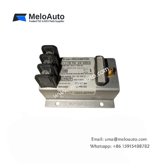 Bently Nevada 18745-02 proximitor: proximity probe conditioning, calibrated displacement output, 60×100×40 mm, 0.3 kg, -35 to 100 °C.