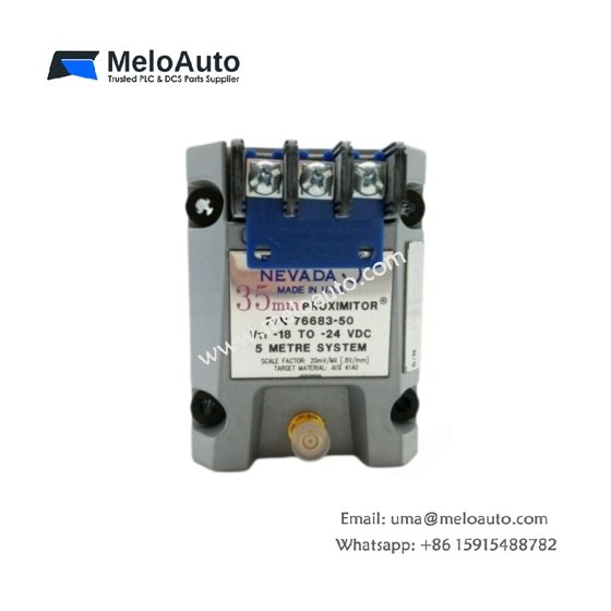 Bently Nevada 76683-50 35 mm Proximitor Sensor: 0–20 mm range, 1.5 V/mm scale factor, -35°C to +200°C. Coaxial interface, 5 m cable